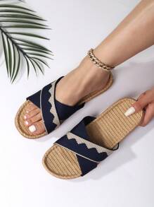 Fall/Winter Women's Comfortable And Breathable Crossed Straps Open-Toe Slippers - Navy Blue - View 1