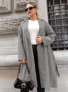 SHEIN Cottnline Plus Houndstooth Print Belted Overcoat - Black and White - View 6