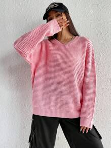 SHEIN Qutie Solid Drop Shoulder Waffle Knit Sweater - Pink - View 6