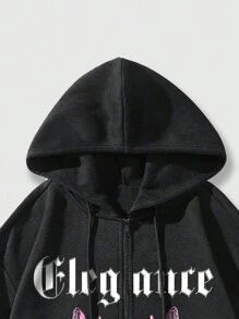 ROMWE MEN Street Life 男士字母與蝴蝶印花拉鍊抽繩連帽衫 - 黑色 - 查看 6