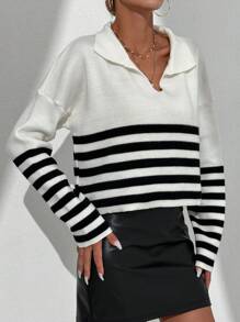 EURMUSE Striped Pattern Drop Shoulder Sweater - Black and White - View 4
