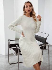 SHEIN LUNE Solid Ribbed Knit Sweater Dress - White - View 5