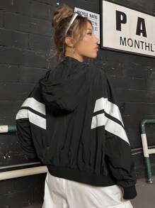 SHEIN EZwear 秋冬季撞色拉链连帽外套 - 黑色 - 查看 2