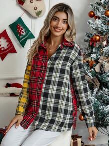 SHEIN Áo sơ mi trễ vai in họa tiết Tartan dành cho bà bầu - Nhiều màu - Xem 3