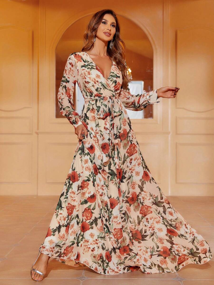 Floral Print Belted Maxi Dress - Apricot - View 1