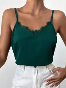 EURMUSE Eyelash Lace Trim Cami Top - Dark Green - View 3