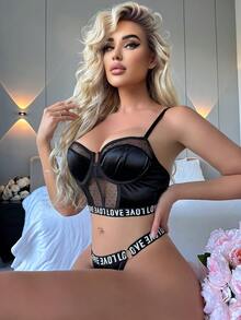 網紗拼接鋼圈內衣套裝 - 黑色 - 查看 5