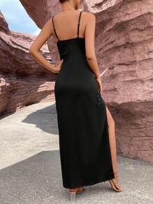 Firerie 垂領褶邊高衩吊帶洋裝 - 黑色 - 查看 2