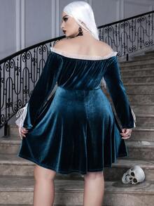 SHEIN Unity Plus Halloween Off Shoulder Knot Cuff Ruched Velvet Dress Without Belt - Dark Green - View 2