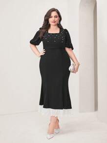Modelyn Plus Pearls Beaded Puff Sleeve Mermaid Hem Dress