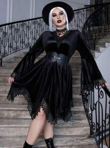 PUNK Plus Halloween Guipure Lace Trim Flare Sleeve Hanky Hem Velvet Dress - Black - View 5