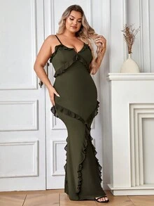 Plus Ruffle Trim Mermaid Hem Cami Dress - Army Green - View 7