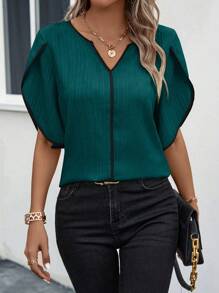 SHEIN Clasi Contrast Binding Petal Sleeve Notched Neck Blouse - Dark Green - View 1