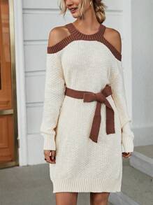 SHEIN LUNE 拼接邊挖肩腰帶毛衣洋裝