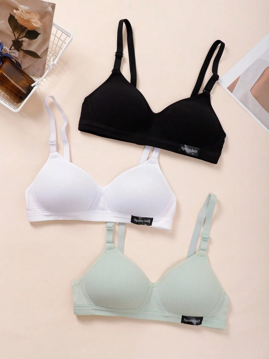 Tween Girl 3pcs Letter Patched Detail Ribbed Knit Underwear