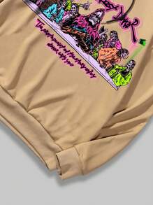 ROMWE MEN Street Life Các bạn Đồ họa chữ cái & bộ xương Dây rút Hoodie - Màu Khaki - Xem 7