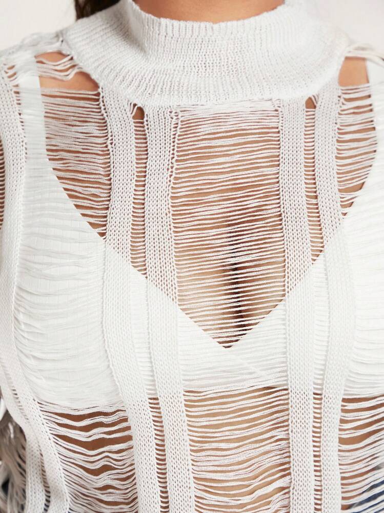 SHEIN SXY מידות גדולות קרוע חולצות סריג ללא חזייה - לבן - ראה 6