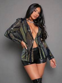 SHEIN SXY Plunging Neck Sequin Blazer - Multicolor - View 3