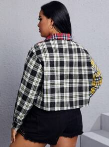 SHEIN EZwear Plus Plaid Print Colorblock Flap Pocket Crop Shirt - Multicolor - View 2
