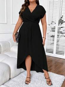 SHEIN Clasi Plus Solid Wrap Hem Dress - Black - View 1