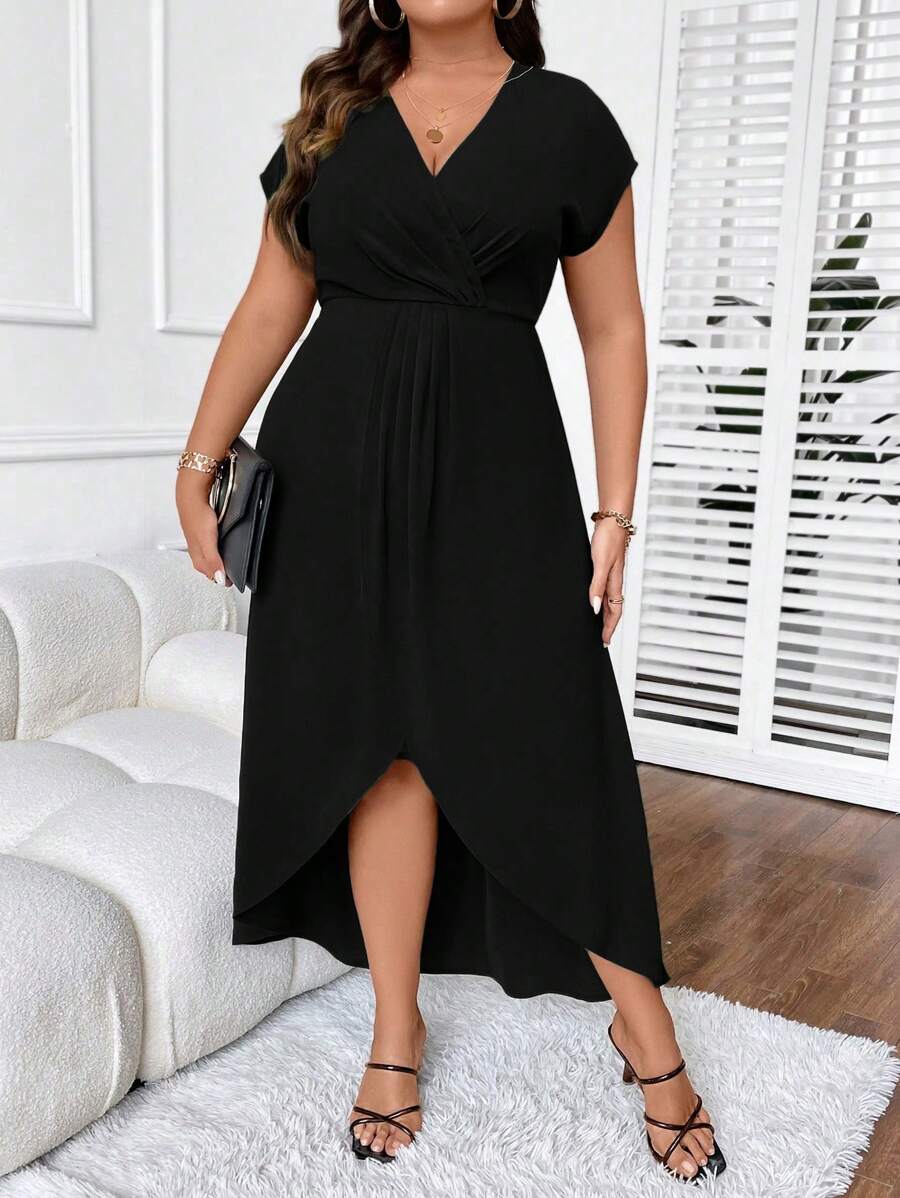 SHEIN Clasi Plus Solid Wrap Hem Dress - Black - View 1