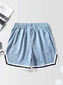 Manfinity Campus Court Quần short nam dáng rộng có thiết kế in chữ và viền tương phản, có dây rút ở eo, quần short bóng rổ - Màu xanh lam - Xem 2