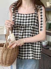 复古格子宽松系带女式背心，夏季休闲款 - 黑與白 - 查看 1