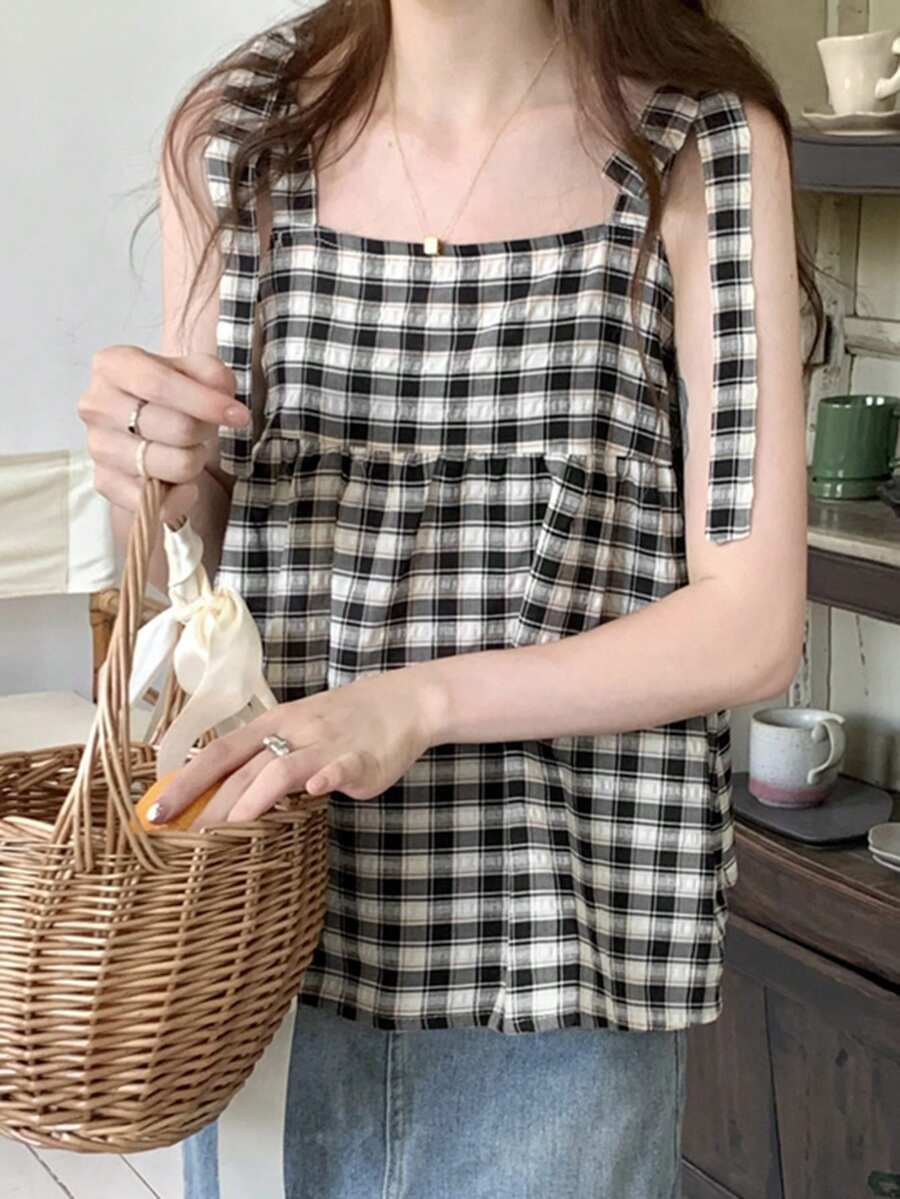 复古格子宽松系带女式背心，夏季休闲款 - 黑與白 - 查看 1