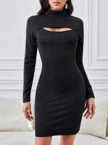 SHEIN Tall 前鏤空小高領緊身洋裝 - 黑色 - 查看 3