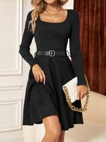 SHEIN Clasi Square Neck A-line Dress Without Belt - Black - View 1