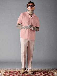 GENTILAND 宽松版型男士纯色纽扣短袖休闲衬衫 - 淺粉色 - 查看 6