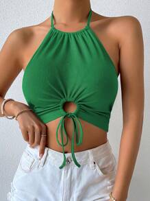 Chiquease Drawstring Front Tie Backless Crop Halter Top - Green - View 6