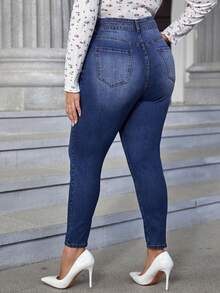 SHEIN Essnce 大碼高腰緊身牛仔褲 - 深色水洗藍 - 查看 2