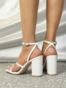 Women's White Square Toe Sandals With High Heels, Open Toe Sexy Slipper For Party And Daily Wear, Simple Style And Comfortable Fit, Highlight Leg Length And Skin Brightness,Spring Summer Outfits - White - View 4