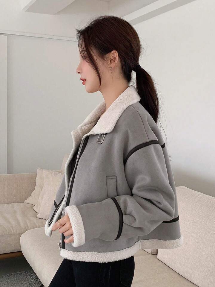 SHEIN EZwear ジッパーアップ ドロップショルダー テディライン フー