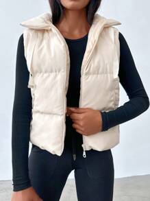 EURMUSE Zip Up Puffer Vest Coat - Beige - View 1