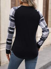 SHEIN LUNE Plaid Print Raglan Sleeve Curved Hem Tee Graphic Tees Women Tops Fall Cloth For Women - Black - View 2