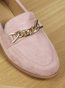 Zapatos Mocasines De Piel Rosa De Moda Para Mujer Con Decoración De Cadena De Metal, Tacón Plano, Estilo Universitario, Otoño - Rosa - Ver 3