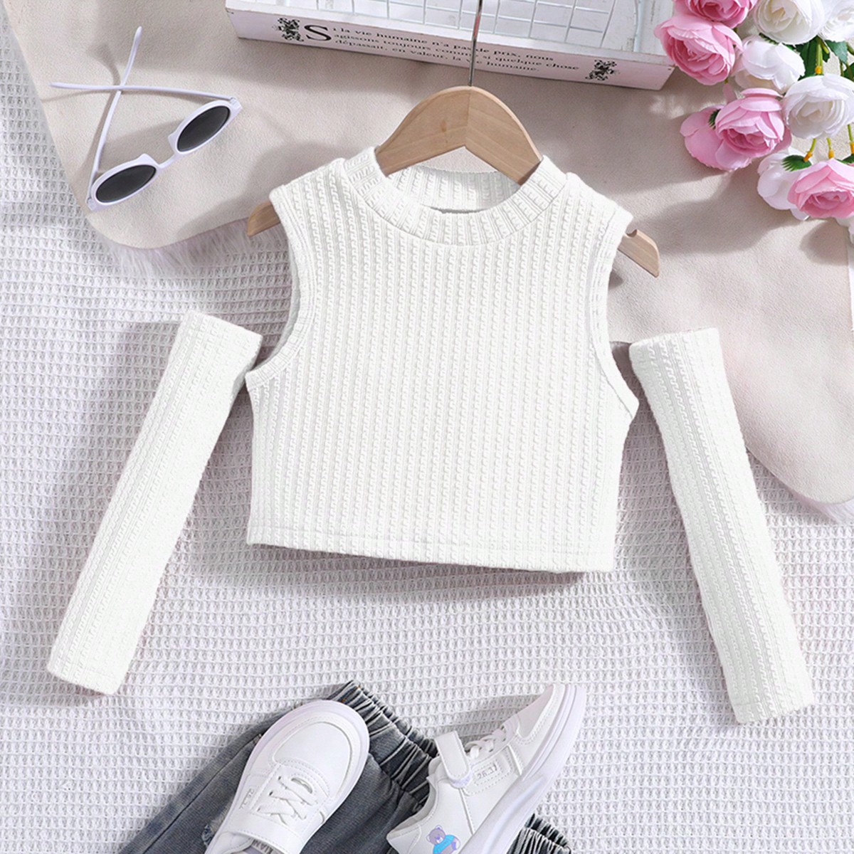 Top básico con mangas para niña preadolescente, ideal para el ocio, el estilo dulce, vacaciones, verano y viajes