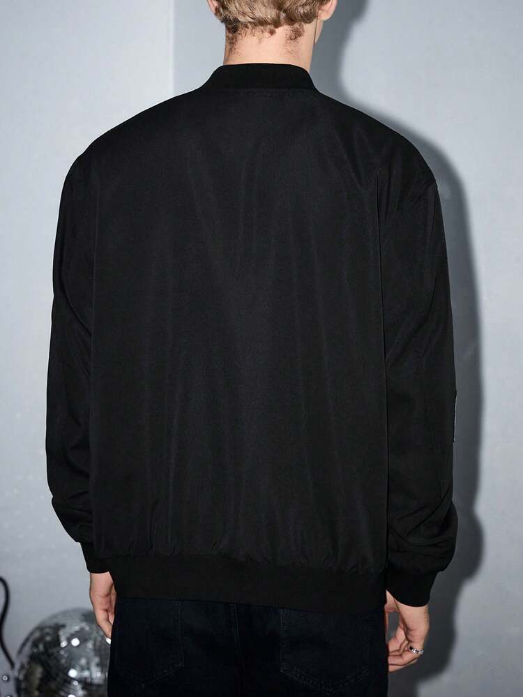 Oversized Men's Slogan Print Zip-Up Bomber Jacket, Without T-Shirt, For Fall Winter