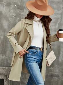 SHEIN LUNE Đôi ngực Thắt lưng Áo khoác Trench - Màu Khaki - Xem 6