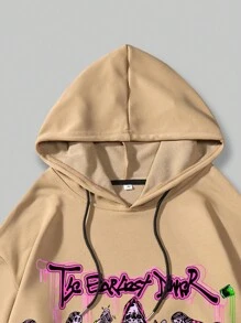 ROMWE MEN Street Life Các bạn Đồ họa chữ cái & bộ xương Dây rút Hoodie - Màu Khaki - Xem 5