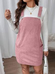 Flirla Talla grande Vestido overol con parche con bolsillo de pana sin camiseta - Rosa - Ver 5