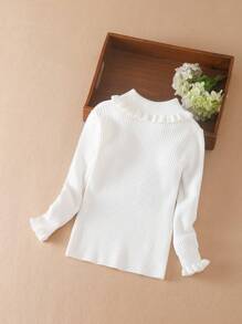 Tween Girl Ruffle Trim Flounce Sleeve Ribbed Knit Sweater