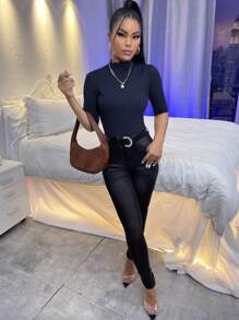 SHEIN Essnce Mock Neck Lettuce Trim Rib-knit Tee - Navy Blue - View 3