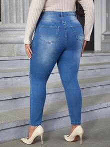 SHEIN Privé Plus High Waist Ripped Skinny Jeans - Dark Wash - View 3