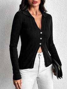 SHEIN Solid Button Front Cardigan - Black - View 5