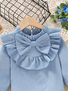 SHEIN Chica Joven Blusa ribete con fruncido de manga con volante con lazo delantero - Azul - Ver 3