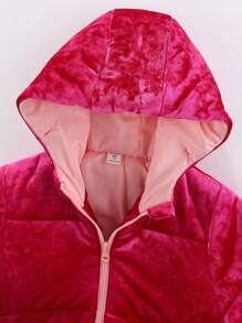 SHEIN 年轻女孩拉链连帽天鹅绒填充大衣 - 玫紅色 - 查看 4