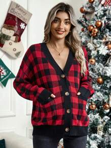 SHEIN Maternity Buffalo Plaid Pattern Drop Shoulder Cardigan, For Winter - Multicolor - View 3